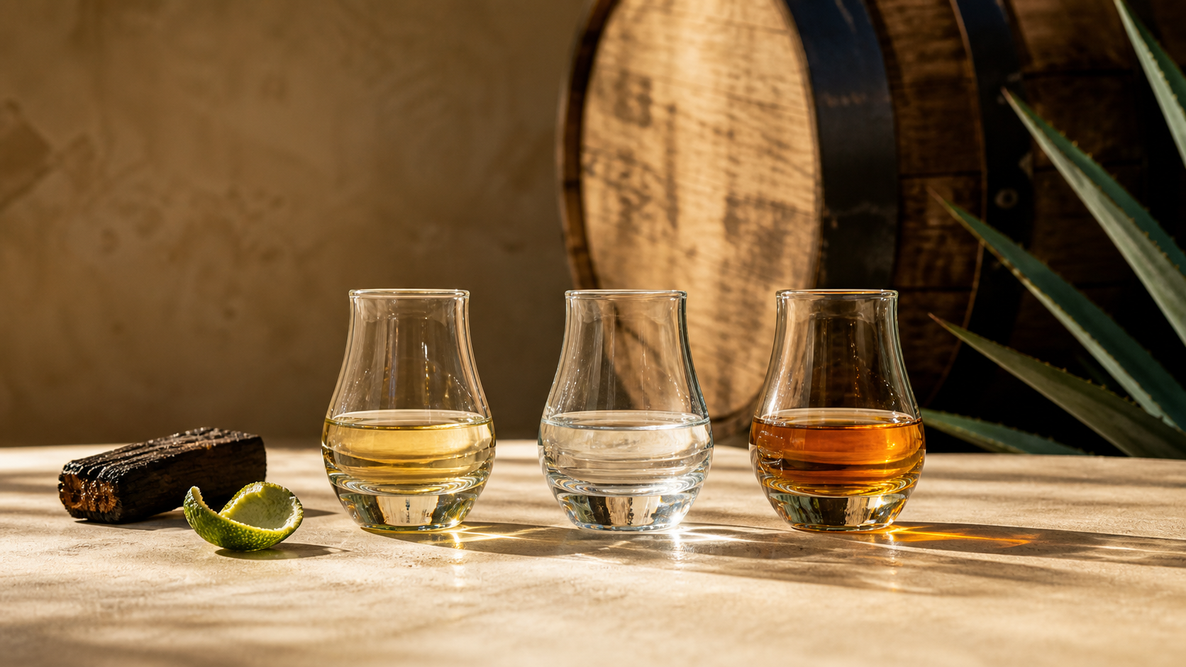 Three unbranded tequila tasting glasses comparing aged and clear filtered tequila