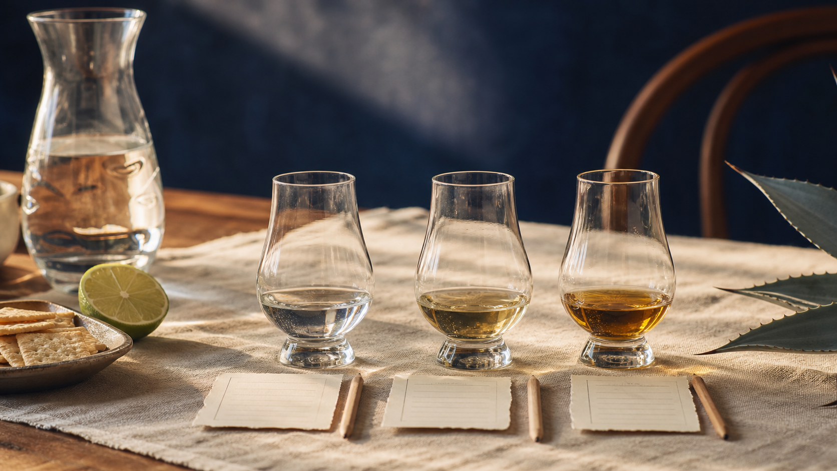 At-home tequila tasting setup with three unbranded tasting glasses, scorecards, water, and palate cleansers