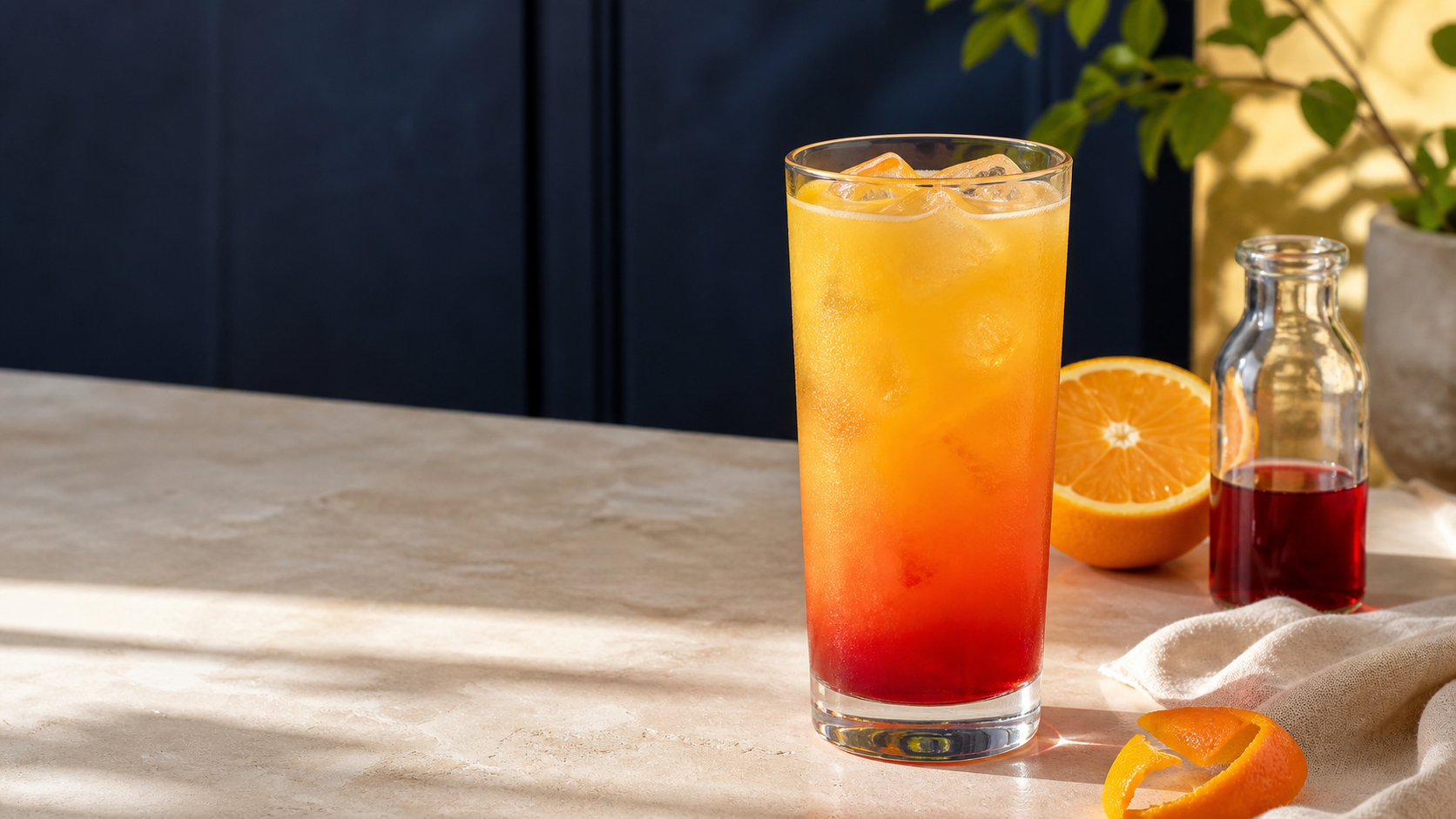Tequila sunrise with a clear red grenadine layer, fresh orange juice, and orange garnish