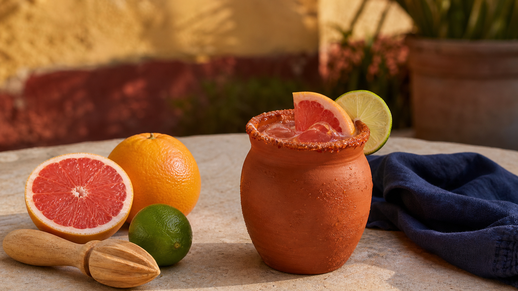 Cantarito cocktail in an unbranded terracotta cup with fresh grapefruit, orange, lime, and chile-lime salt