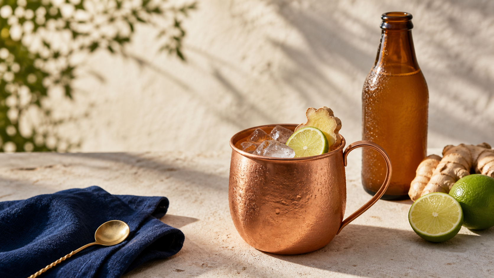 Mexican Mule in an unbranded copper mug with lime, fresh ginger, and a plain ginger beer bottle
