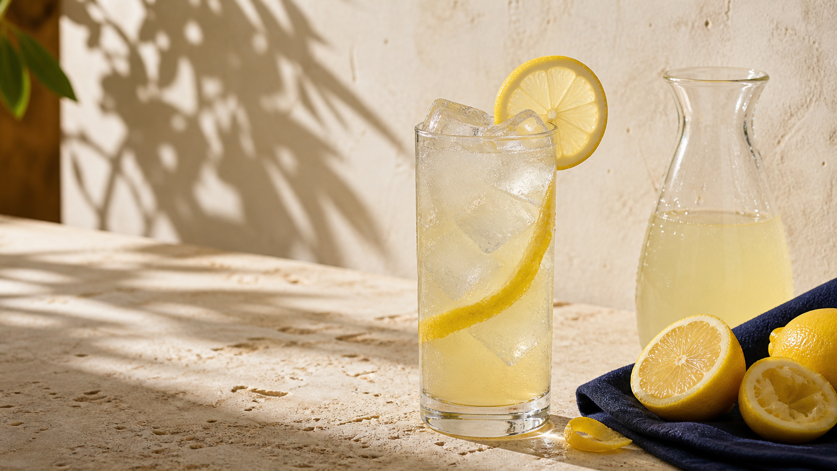 Tequila lemonade in a clear highball with fresh lemon, ice, and an unbranded glass carafe