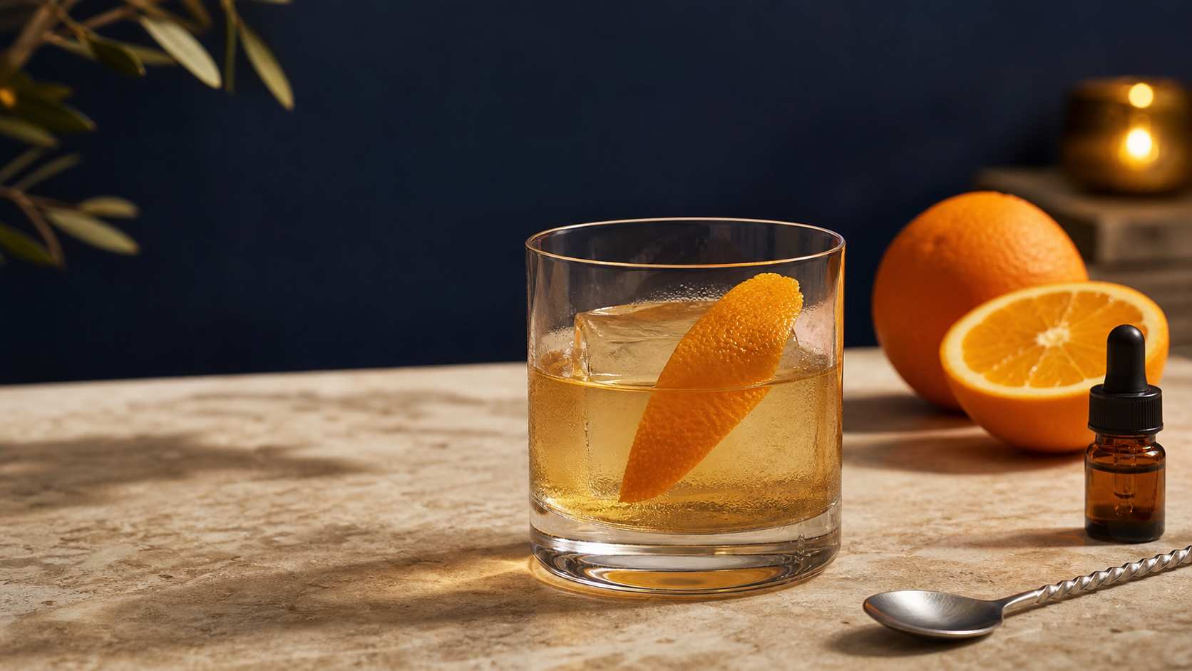 Tequila Old Fashioned in a clear rocks glass with a large ice cube and fresh orange peel