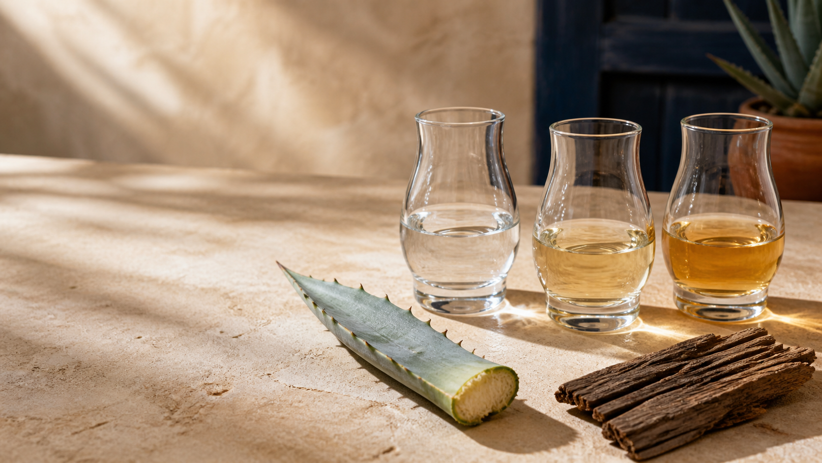 Three unlabeled tequila tasting glasses showing blanco, gold, and reposado color on a parchment stone surface
