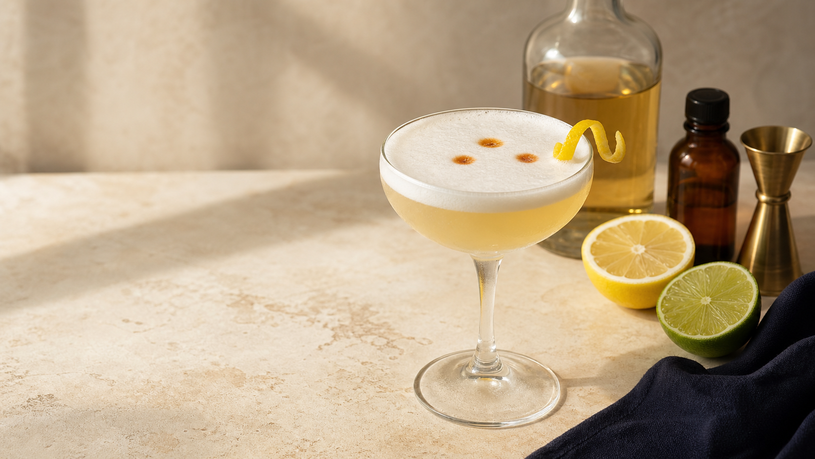 Tequila sour in a clear coupe with a soft foam cap, bitters, and fresh lemon and lime