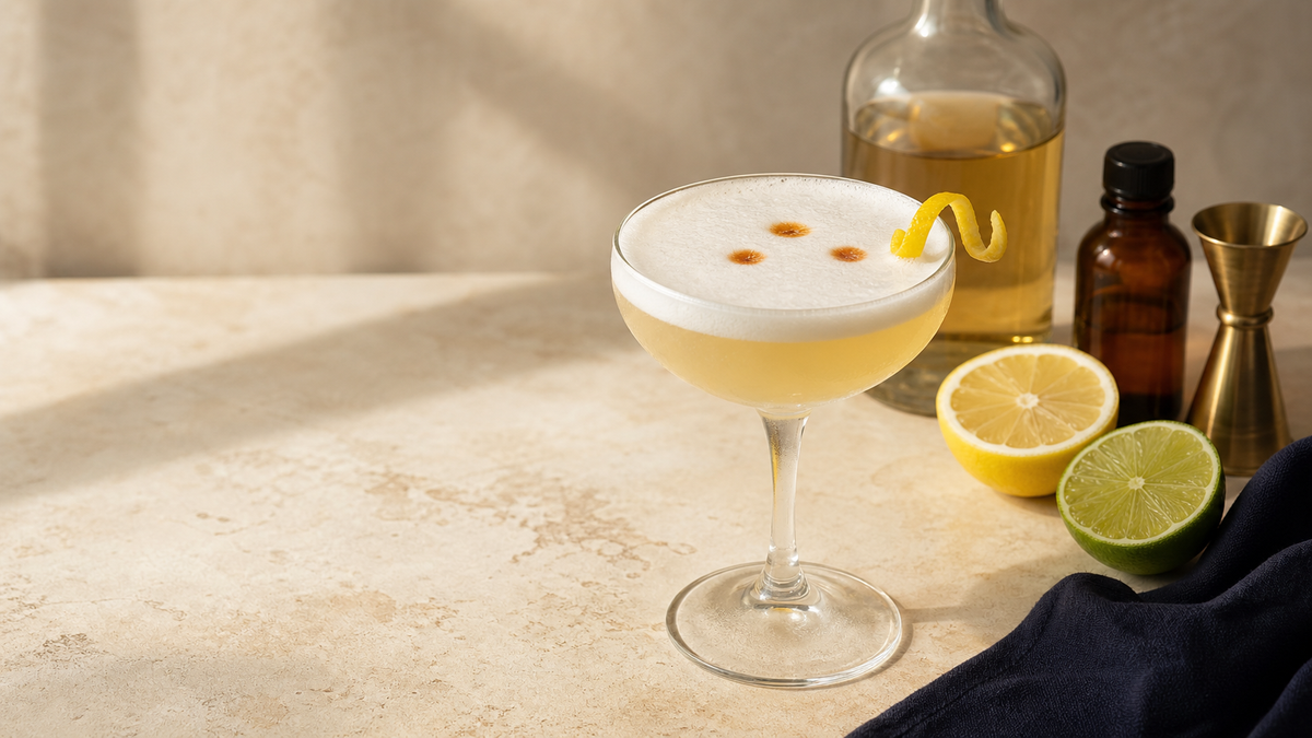 Tequila sour in a clear coupe with a soft foam cap, bitters, and fresh lemon and lime
