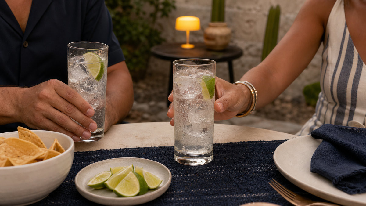 Two hands passing tall tequila tonics with lime over ice at an outdoor dinner table