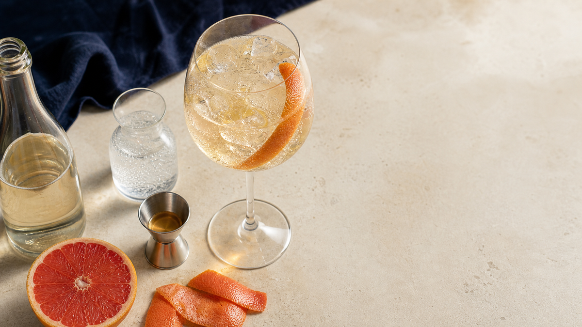 Close overhead view of a pale amber tequila spritz with grapefruit peel, ice, and cocktail-making tools on a parchment stone surface