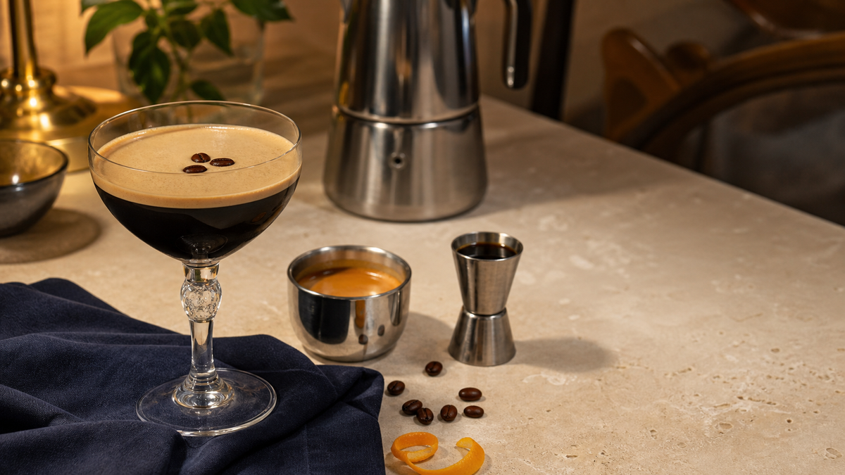 Dark reposado tequila espresso martini beside fresh espresso and a steel jigger on a parchment dining table