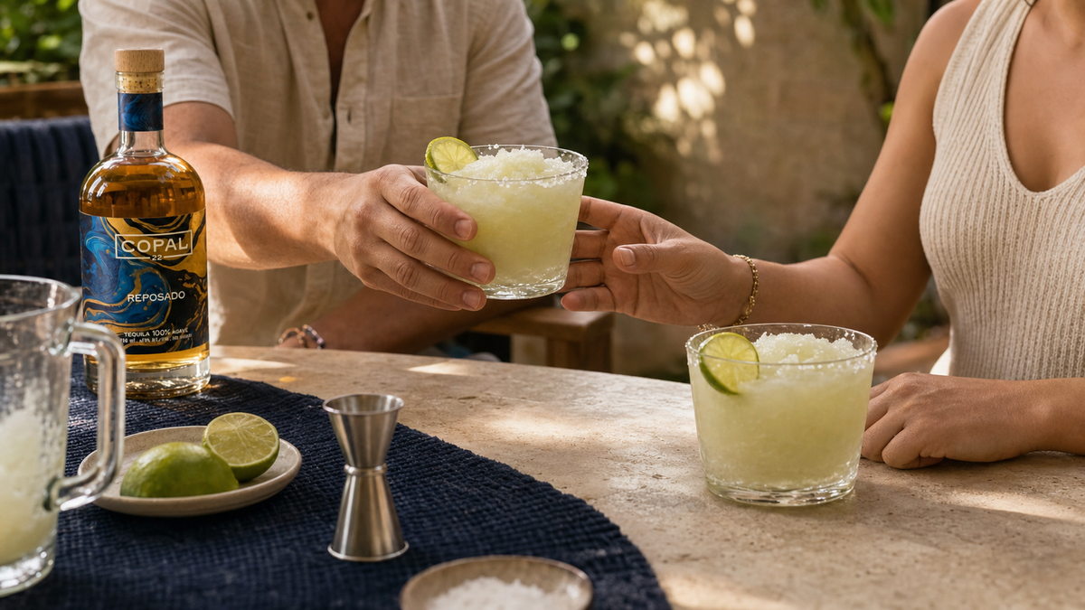 Two adults passing pale fresh-lime tequila slushies on a shaded patio beside a Copal 22 Reposado bottle