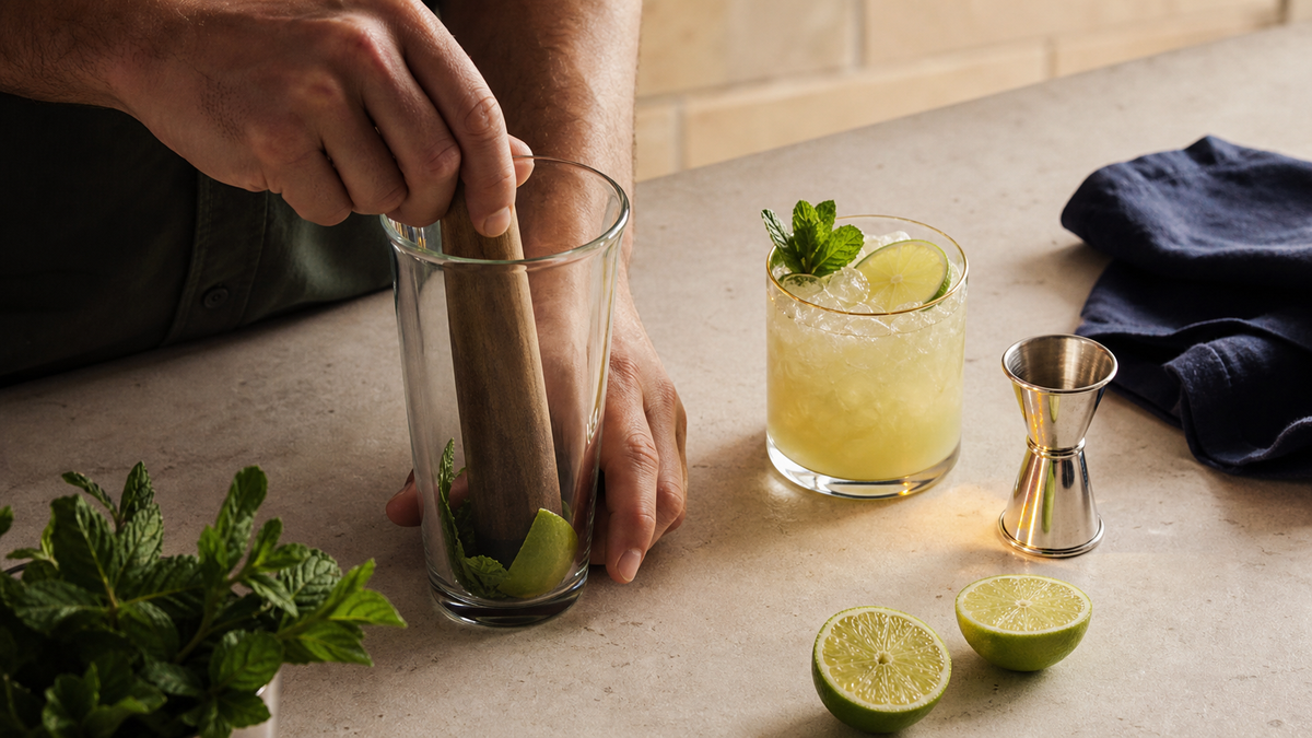 Adult hands gently pressing mint and lime for a tequila smash beside a pale reposado cocktail on a parchment kitchen counter