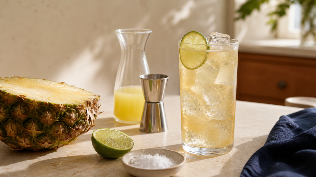 Pale pineapple tequila cocktail with lime, fresh pineapple, and a jigger on a parchment kitchen counter