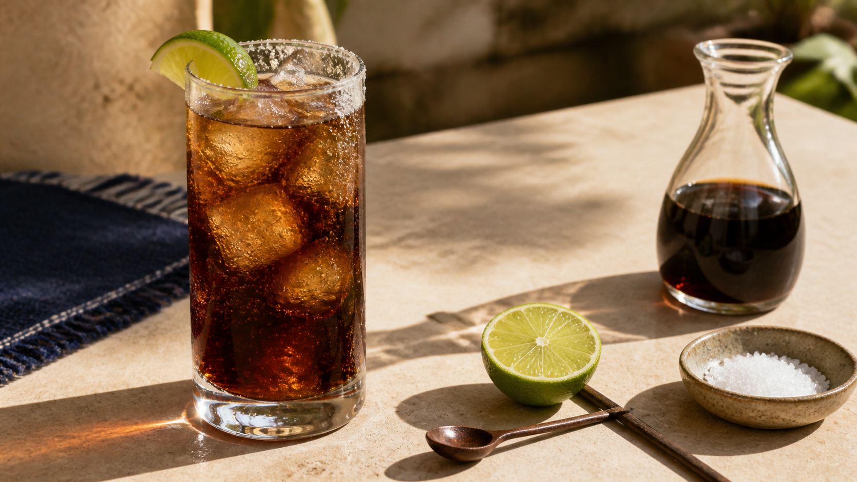 Batanga cocktail with tequila, cola, fresh lime, coarse salt, and ice on a sunlit parchment courtyard table