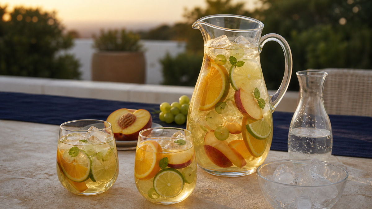 Dry white tequila sangria in a clear glass pitcher with citrus, stone fruit, and two ice-filled wine glasses on a sunlit outdoor table