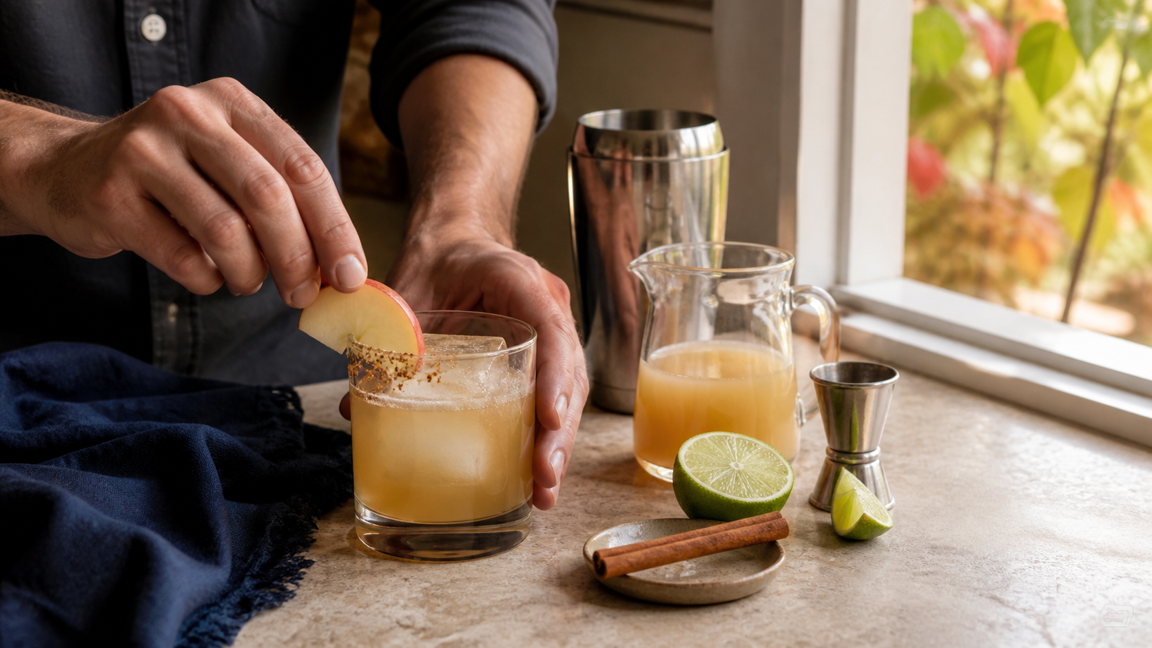 Adult hands finishing a dry reposado apple cider margarita with a salted cinnamon rim beside fresh cider, lime, and a cocktail shaker