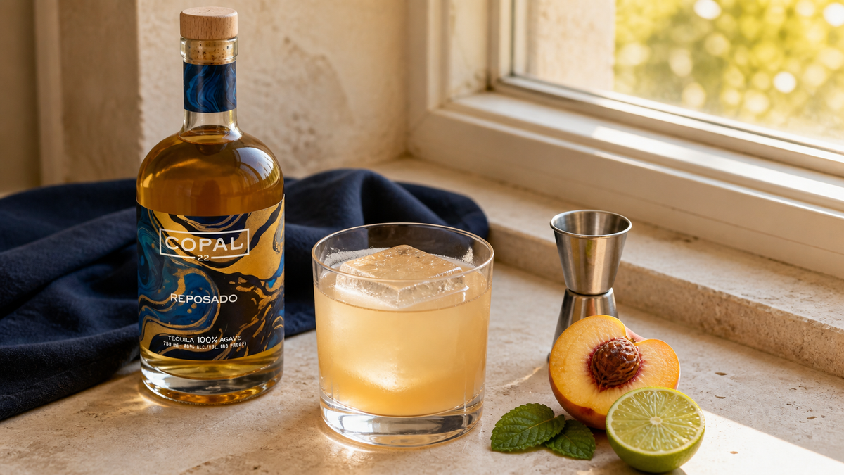 Copal 22 reposado beside a fresh peach tequila cocktail with ripe peach, lime, mint, and clear ice