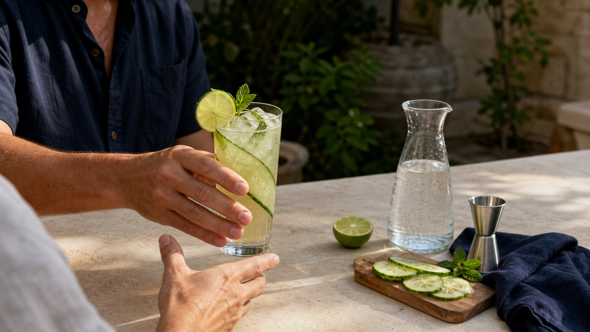 Fresh cucumber tequila cocktail with reposado, lime, mint, soda water, and clear ice in a quiet home courtyard setting