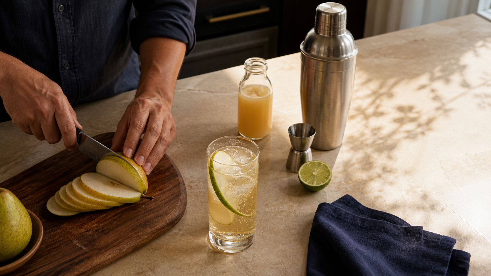 Adult hands slicing a ripe pear beside a pale gold reposado pear highball with lime on a parchment kitchen counter