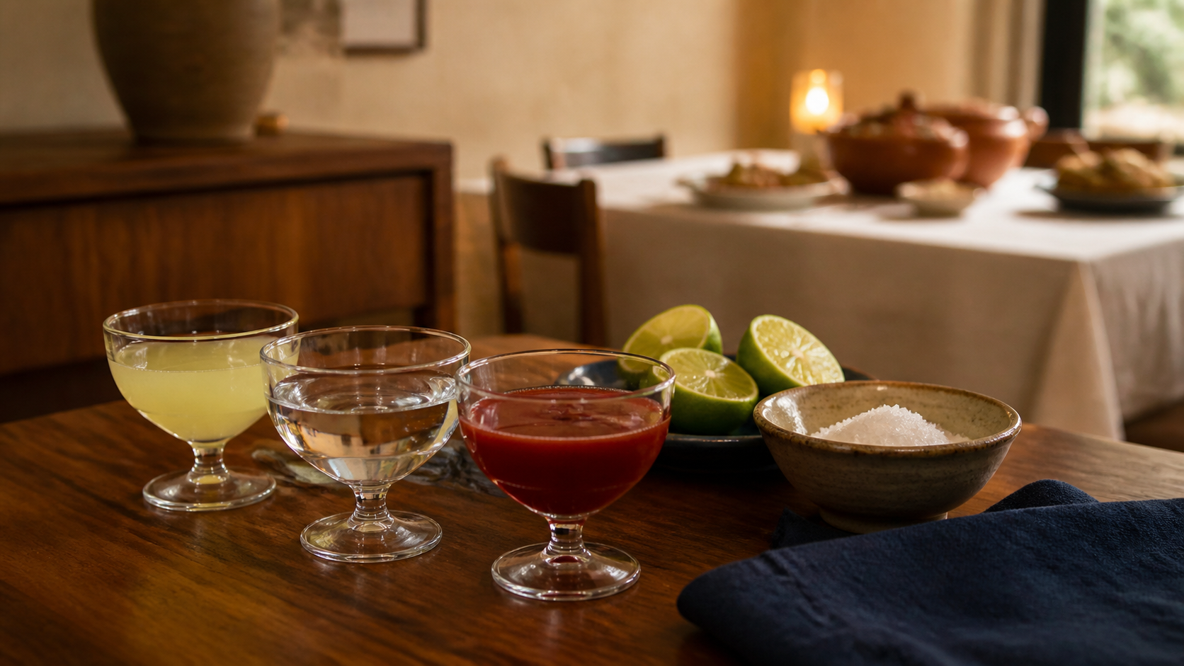 Three small copitas of lime juice, clear tequila, and sangrita set for a September dinner on a walnut table