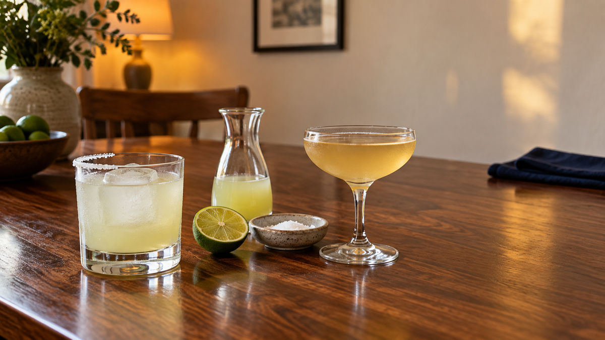 Two restrained margaritas comparing bright blanco and warm reposado styles on a walnut dining table with fresh lime and salt