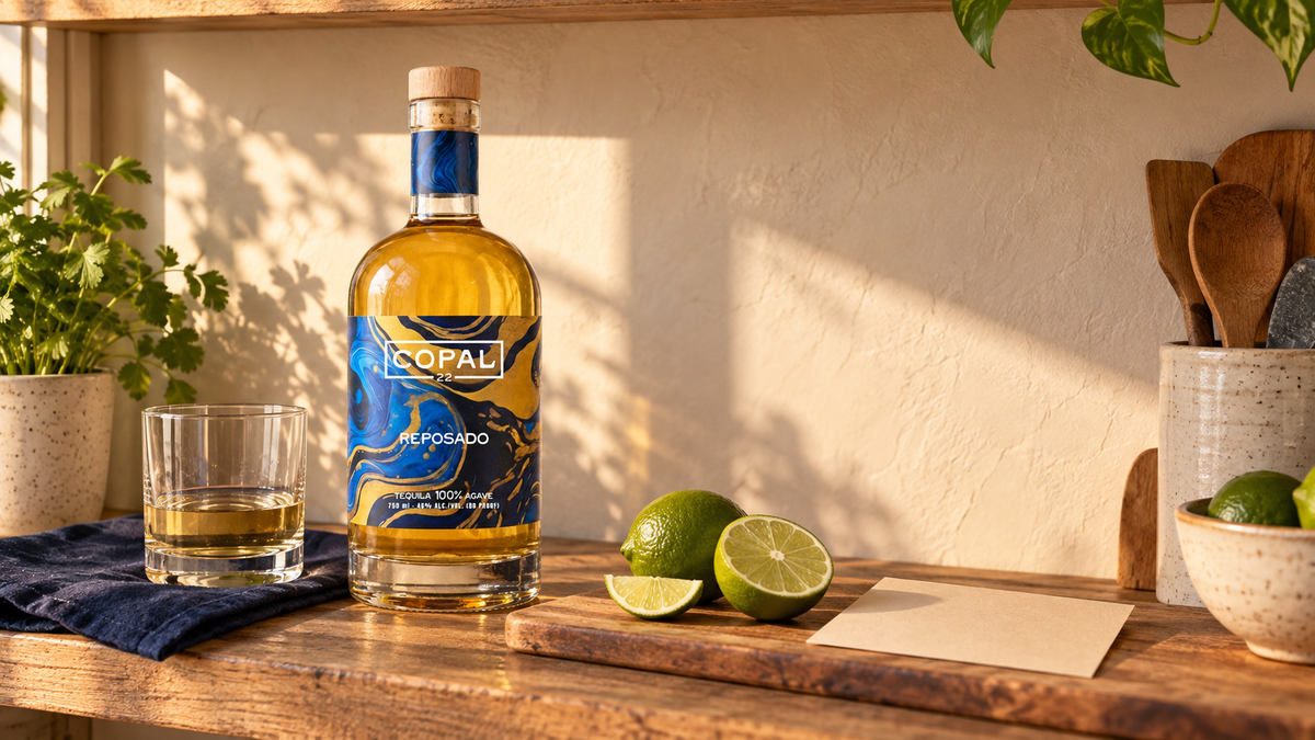 Copal 22 reposado beside a small tequila pour and fresh lime on a home kitchen shelf