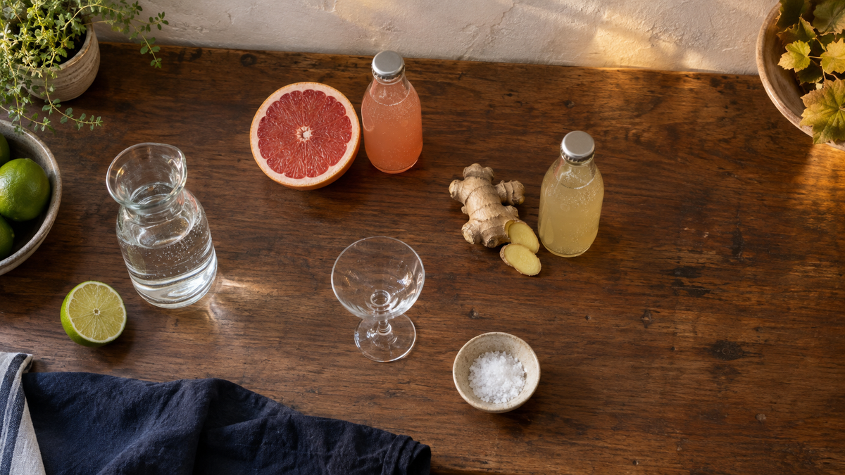 Overhead view of lime, grapefruit soda, ginger beer, mineral water, ginger, salt, and an empty copita on a warm walnut counter