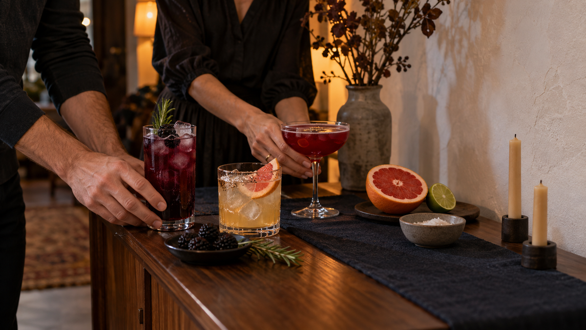 Two adults setting out three dark, dry tequila cocktails with blackberry, grapefruit, pomegranate, rosemary, and citrus on a walnut console table