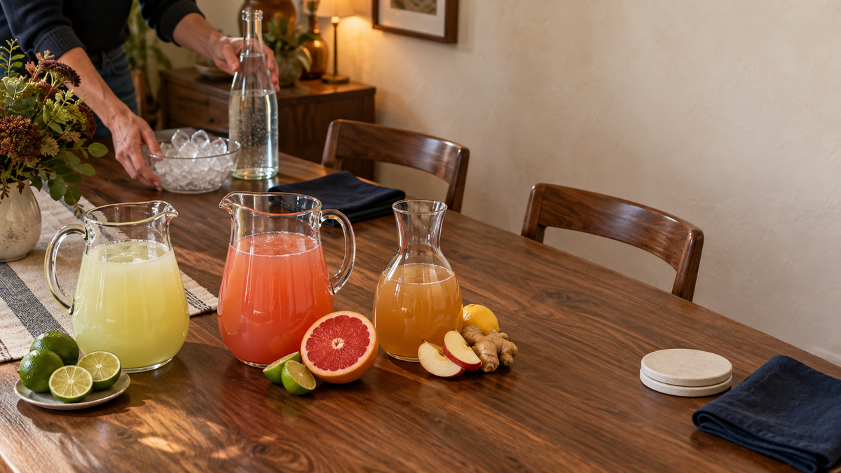 Three clear pitchers with lime, ruby grapefruit, apple cider, lemon, and ginger components arranged for an eight-serving tequila gathering on a walnut dining table