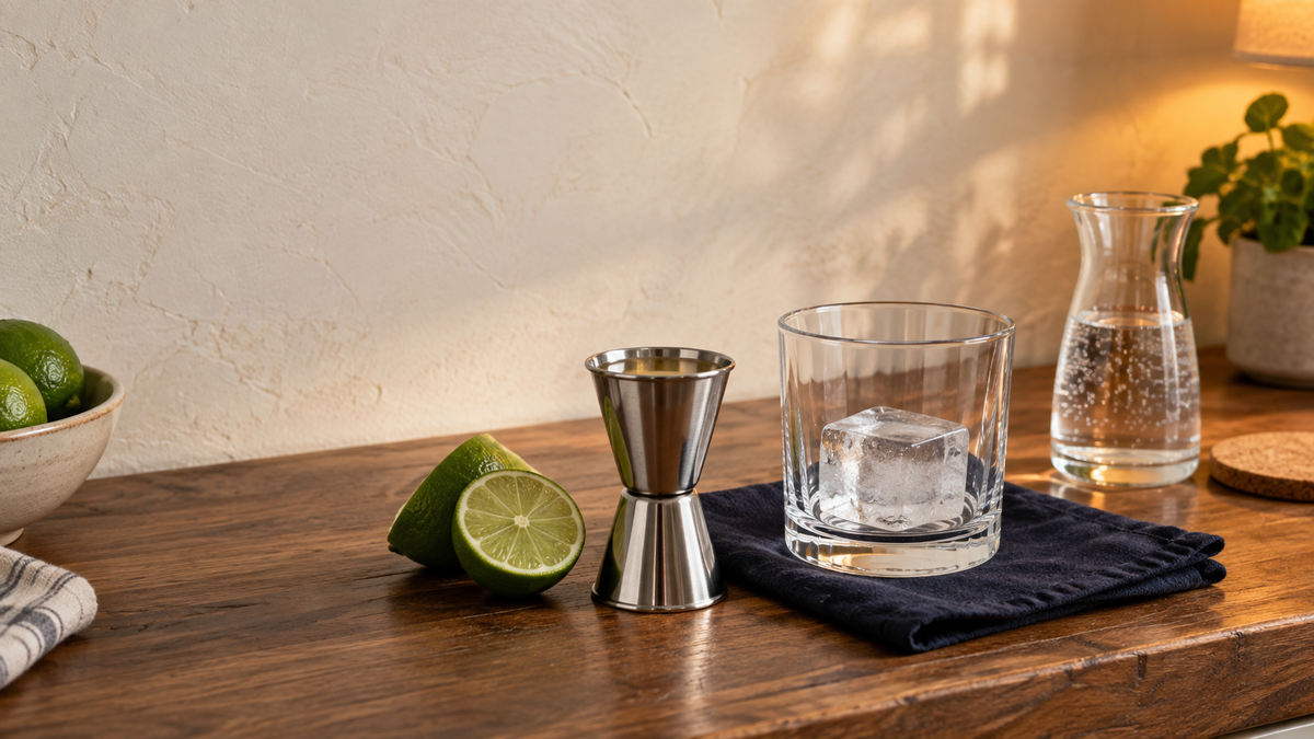 A measured tequila pour in a stainless-steel jigger beside a rocks glass, lime, sparkling water, and navy linen on a walnut home-kitchen counter