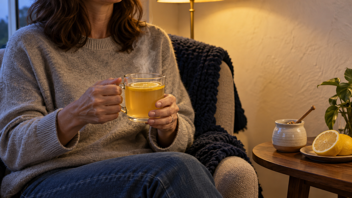 Adult holding a clear glass mug of warm tequila toddy with lemon in a quiet home sitting room