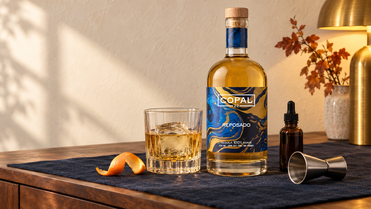 Copal 22 reposado beside a pale-gold tequila pour, orange peel, bitters, and a jigger on a warm walnut home sideboard