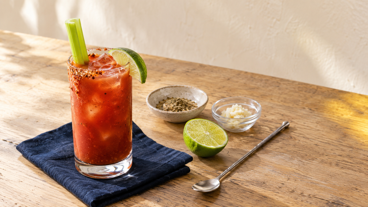 A restrained Bloody Maria with celery, lime, and a salted chile rim on a bright home brunch table