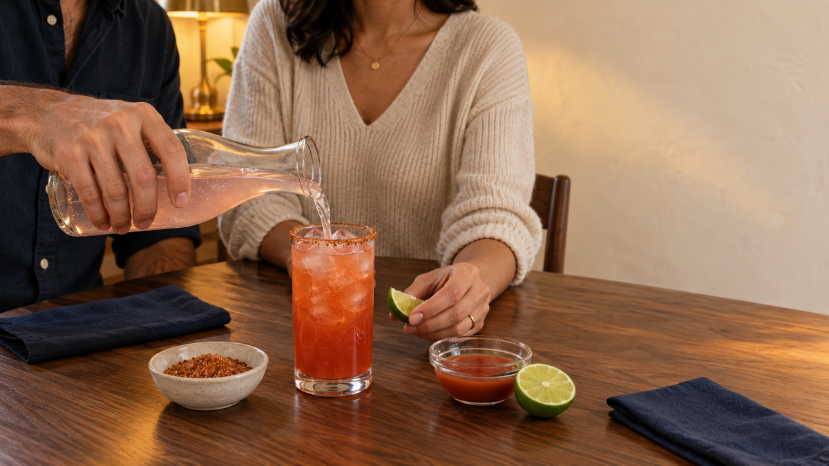 Two adults assembling a red-orange Vampiro with lime, chile salt, fresh sangrita, and grapefruit soda at a warm home dining table
