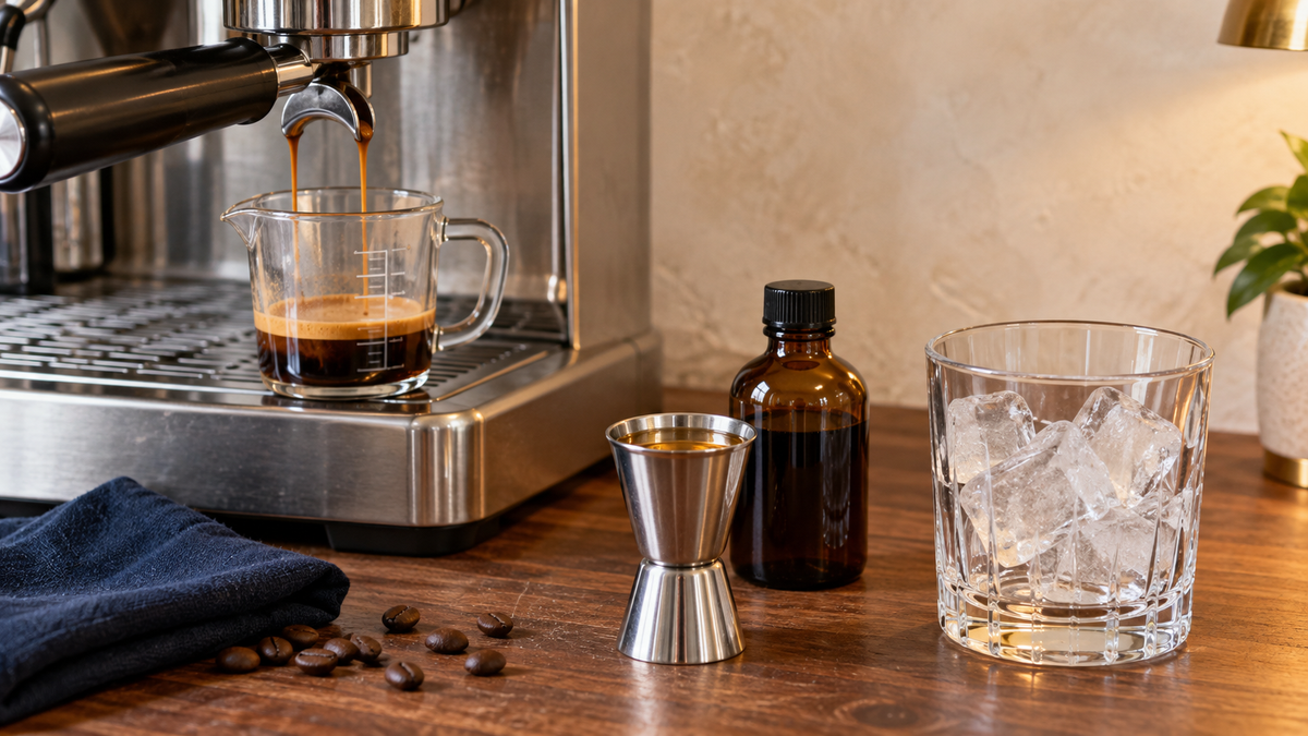 Fresh espresso streaming into a glass pitcher beside a tequila-filled jigger, ice-filled rocks glass, coffee beans, and navy linen at a home espresso station