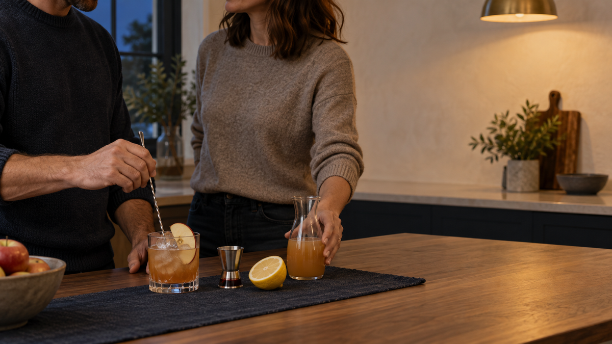 Two adults stirring a single amber Chimayó cocktail with apple cider and lemon at a quiet home kitchen island