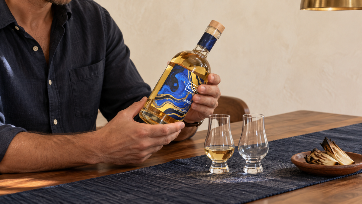An adult reading the label of a real Copal 22 reposado bottle beside two tulip glasses and a small pile of roasted Blue Weber agave piña fibers on a walnut table