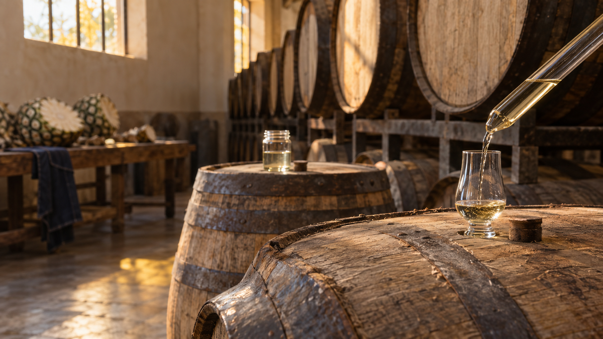 A clear glass blending thief drawing a pale-gold tequila sample from an oak barrel into a tulip glass in a quiet distillery barrel room